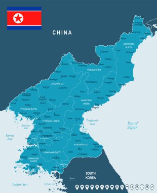 Kuzey Kore - harita ve bayrak - detaylı vektör çizim