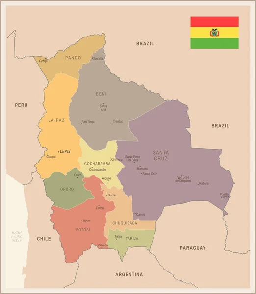 Boliwia - Mapa vintage i flagi - Szczegółowa ilustracja wektorowa — Wektor stockowy