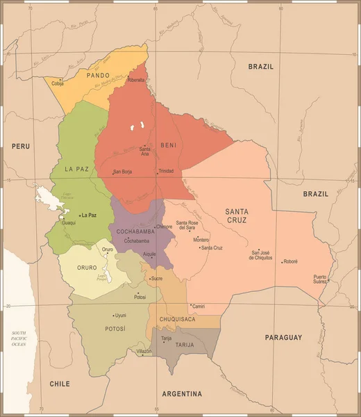 Boliwia-Mapa - rocznika szczegółowe wektor ilustracja — Wektor stockowy