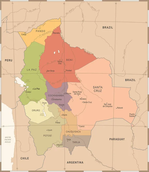 Mapa de Bolivia - Vintage ilustración vectorial detallada — Vector de stock