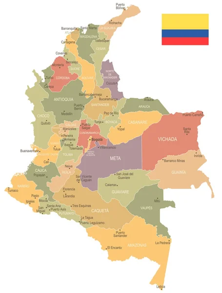 Колумбия - винтажная карта и флаг - Детальная векторная иллюстрация — стоковый вектор