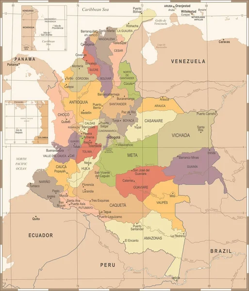 Mapa de Colombia - Vintage ilustración vectorial detallada — Archivo Imágenes Vectoriales