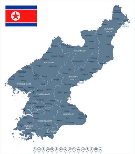 Corea del Norte - Mapa y bandera - Ilustración vectorial detallada — Vector de stock
