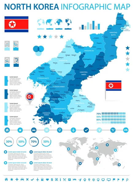 Corea del Norte - Mapa infográfico y bandera - Ilustración vectorial detallada — Vector de stock