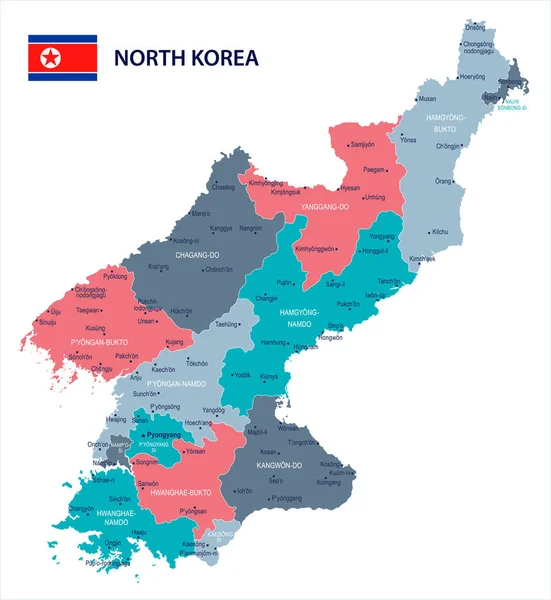 Corea del Norte - Mapa y bandera - Ilustración vectorial detallada — Vector de stock