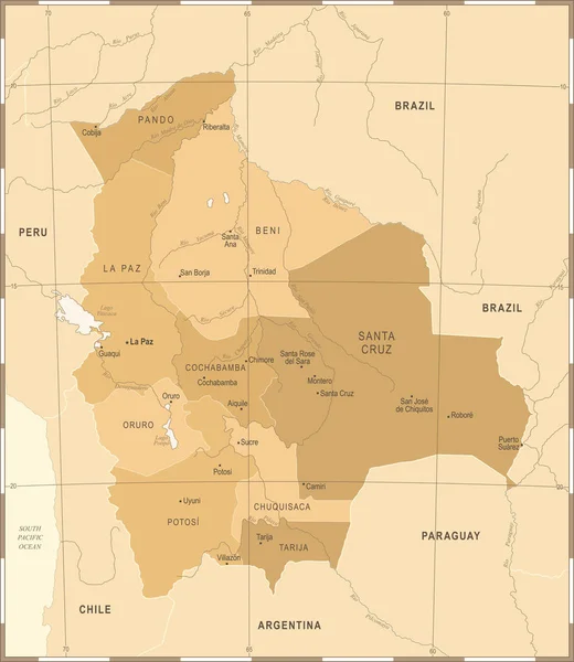 Mapa da Bolívia - Ilustração vetorial detalhada vintage — Vetor de Stock