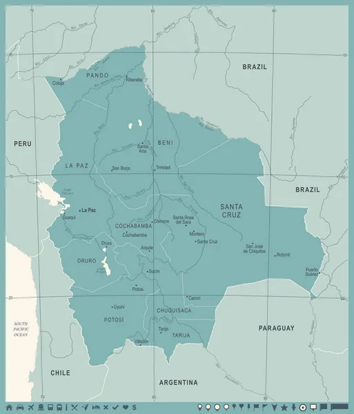 Mapa de Bolivia - Vintage ilustración vectorial detallada — Vector de stock