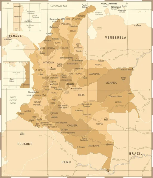 Mapa de Colombia - Vintage ilustración vectorial detallada — Archivo Imágenes Vectoriales