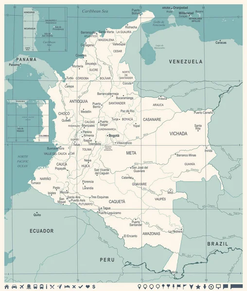 コロンビア マップ - ヴィンテージの詳細なベクトル図 — ストックベクタ