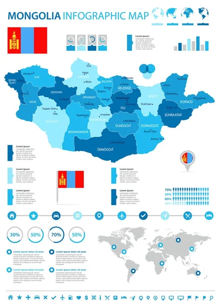 Mongolia - mappa infografica e bandiera - Illustrazione vettoriale dettagliata — Vettoriale Stock