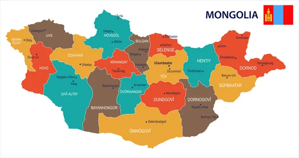 Mongolia - mapa y bandera Ilustración vectorial detallada — Archivo Imágenes Vectoriales