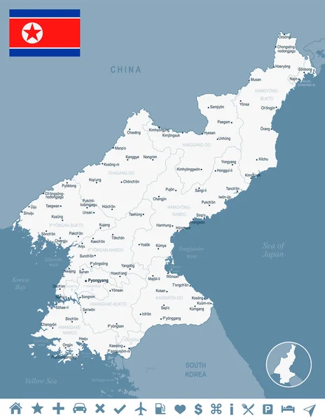 Corea del Norte mapa y bandera ilustración vectorial detallada — Vector de stock