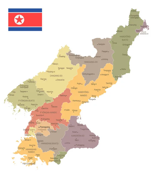 Corea del Norte - Mapa y bandera vintage - Ilustración vectorial detallada — Archivo Imágenes Vectoriales