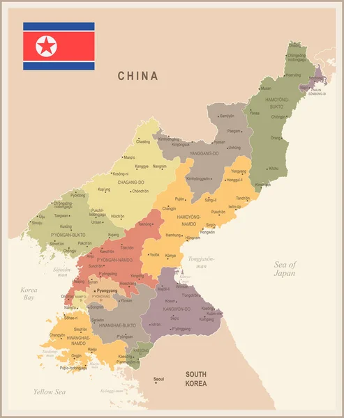 Corea del Norte - Mapa y bandera vintage - Ilustración vectorial detallada — Archivo Imágenes Vectoriales