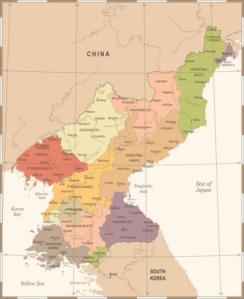 北朝鮮地図 - ヴィンテージの詳細なベクトル図 — ストックベクタ