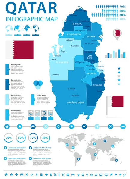 Katar - Infographic harita ve bayrak - detaylı vektör çizim — Stok Vektör