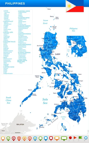 フィリピン - マップ、フラグ、ナビゲーション アイコン - 詳細なベクトル イラスト — ストックベクタ