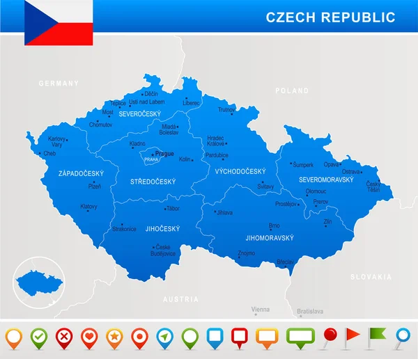 República Checa - mapa, bandera e iconos de navegación - Ilustración vectorial detallada — Vector de stock