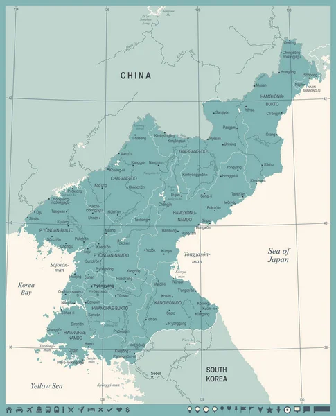 Mapa de Corea del Norte - Vintage ilustración vectorial detallada — Vector de stock
