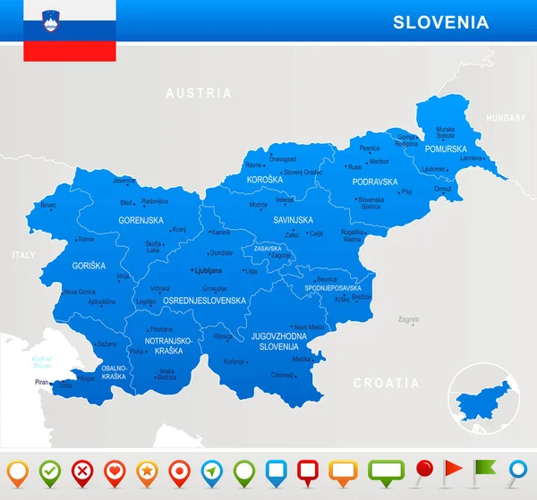 Slovenië - kaart, vlag en navigatie pictogrammen - gedetailleerde vectorillustratie — Stockvector