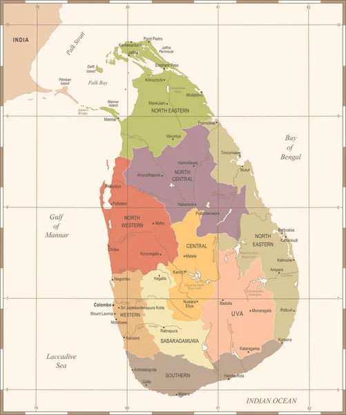 Mapa do Sri Lanka - Ilustração vetorial detalhada vintage —  Vetores de Stock