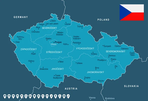 Kaart Van Tsjechische Republiek Vlag Hoog Gedetailleerde Vectorillustratie — Stockvector