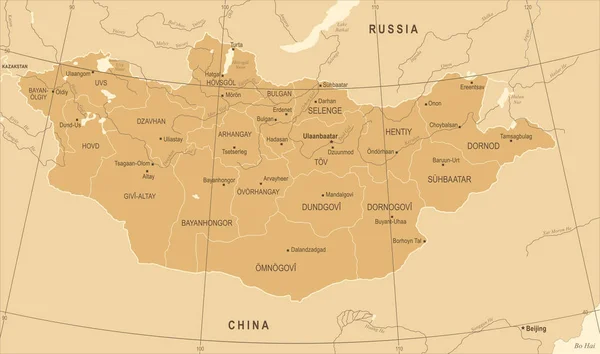 Mongolia Mapa Vintage Wysokiej Szczegółowe Wektor Ilustracja — Wektor stockowy