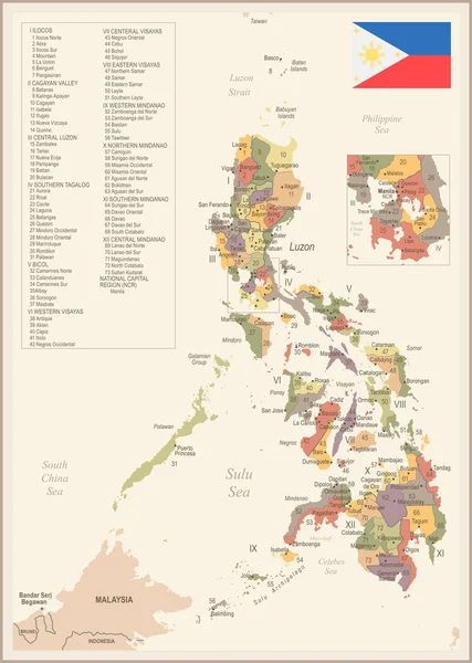 Filipinas Mapa Bandera Vintage Alta Ilustración Vectorial Detallada — Vector de stock