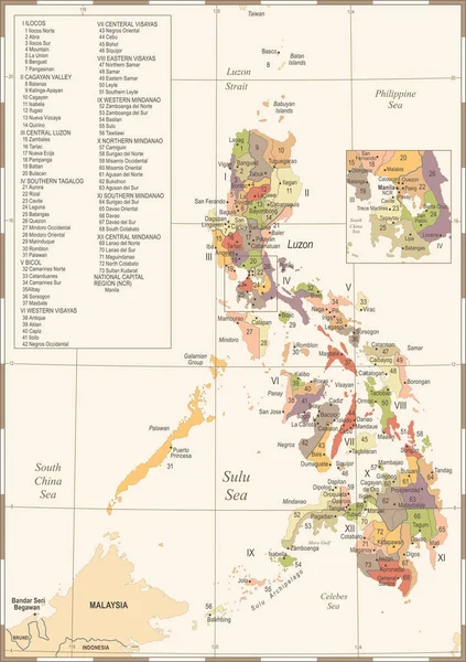 フィリピン地図 ビンテージ高詳細なベクトル図 — ストックベクタ