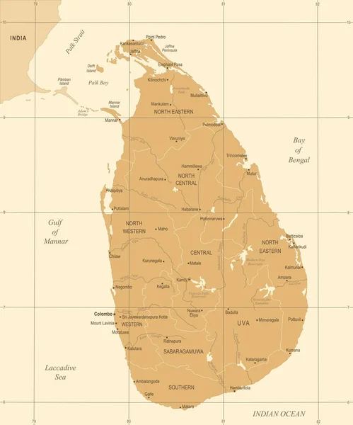 Mapa Sri Lanka Vintage High Detailed Vector Illustration — Vector de stock