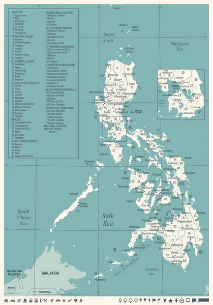 Mapa Filipinas Vintage High Detailed Vector Illustration — Vector de stock