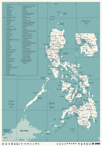 フィリピン地図 ビンテージ高詳細なベクトル図 — ストックベクタ
