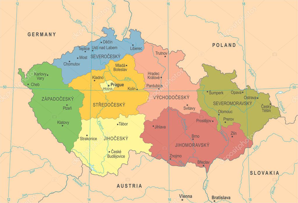  Tschechische Republik  Karte Hoch Detaillierte Vektor 