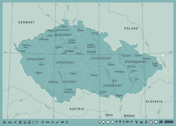 República Checa Mapa - Vintage detalhada ilustração vetorial —  Vetores de Stock