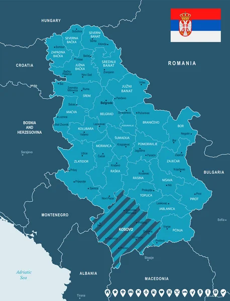 Serbia - mapy i flagi - Szczegółowa ilustracja wektorowa — Wektor stockowy