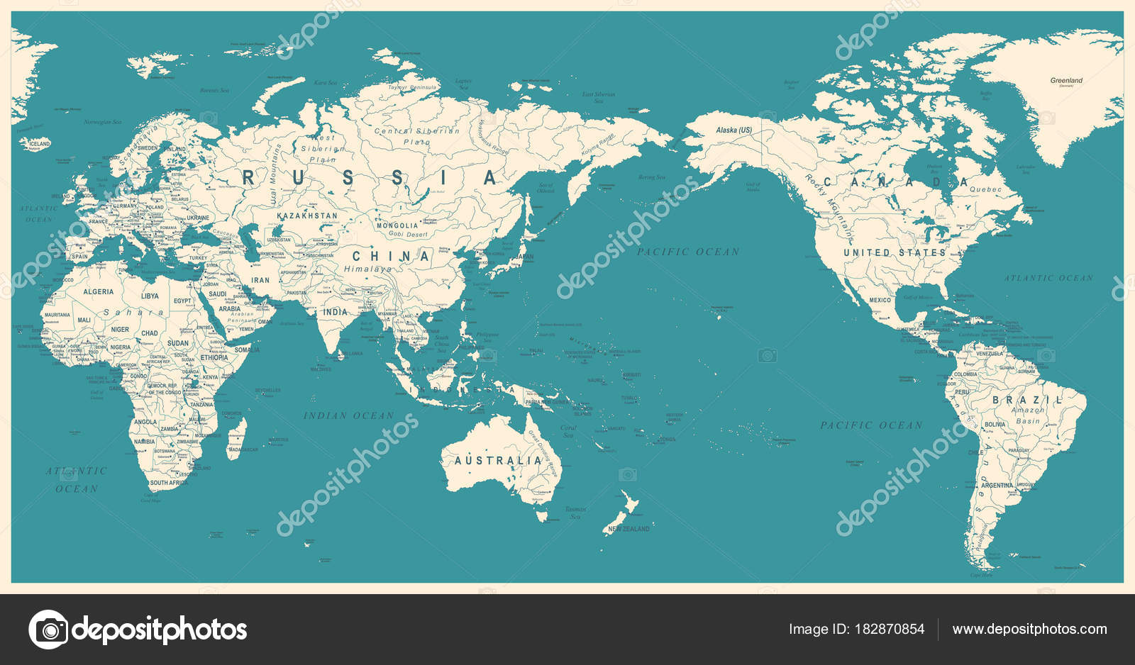 Us Centered World Map Vintage Political World Map Pacific Centered Stock Vector Image By  ©Dikobrazik #182870854