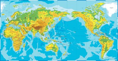 Siyasi fiziksel topografik renkli dünya harita Pasifik merkezli