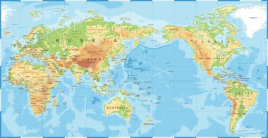 Political Physical Topographic Colored World Map Pacific Centered clipart