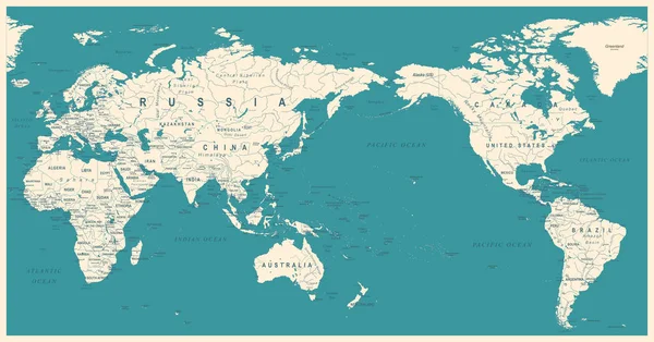 Vintage politiska världen karta Pacific centrerad — Stock vektor