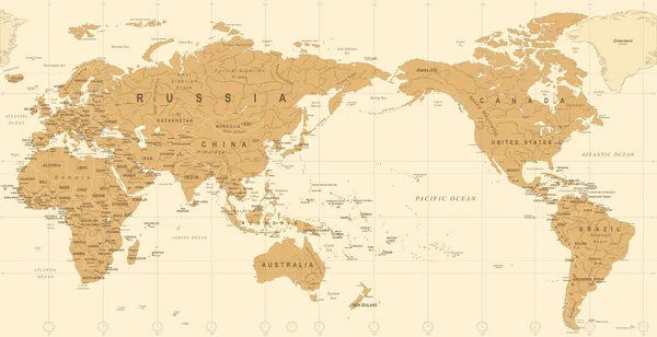 ヴィンテージの政治世界地図太平洋を中心 — ストックベクタ