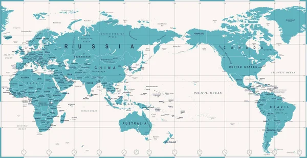 Mapa Mundial Político Vintage Pacific Centrado — Vetor de Stock