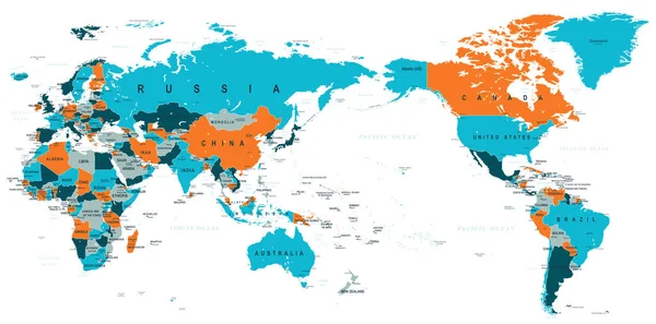 Mapa Político Mundial Pacífico Centrado — Vector de stock