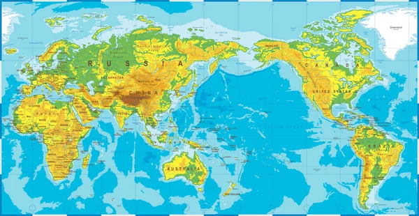 Politische physikalische topographisch eingefärbte Weltkarte pazifischer Mittelpunkt — Stockvektor