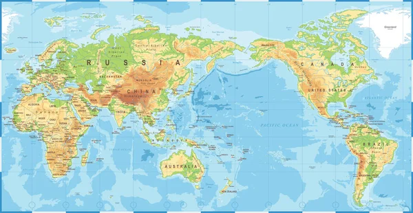 Πολιτικό φυσική τοπογραφική χρωματιστό κόσμο Ειρηνικό χάρτη στο κέντρο — Διανυσματικό Αρχείο