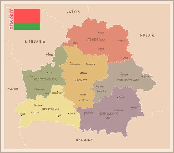 Беларусь - винтажная карта и флаг - Детальная векторная иллюстрация — стоковый вектор