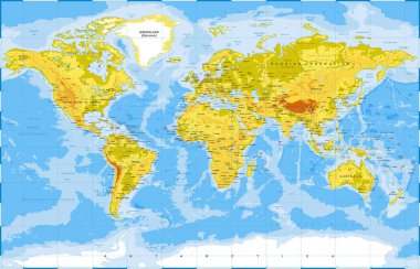 Siyasi fiziksel topografik renkli dünya harita vektör
