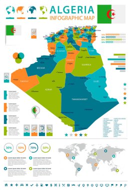 Cezayir - Infographic harita ve bayrak - detaylı vektör çizim