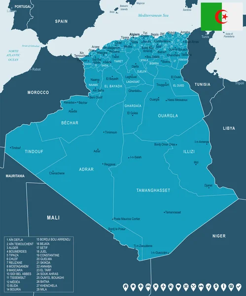 Argelia - Mapa y bandera - Ilustración vectorial detallada — Archivo Imágenes Vectoriales