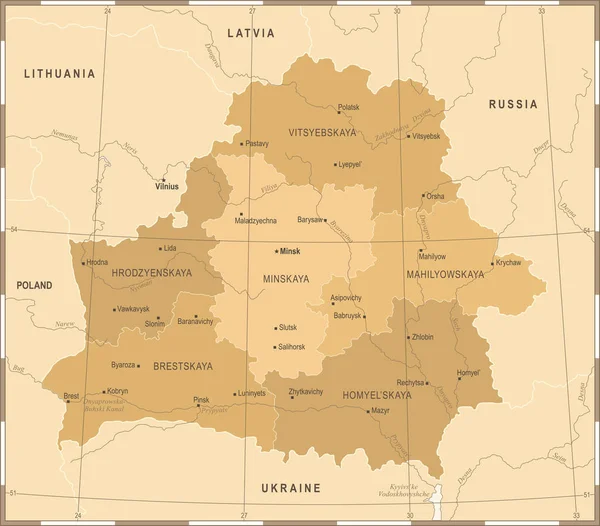 Mapa da Bielorrússia - Ilustração vetorial detalhada vintage —  Vetores de Stock