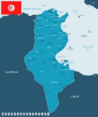 Tunus - harita ve bayrak - detaylı vektör çizim
